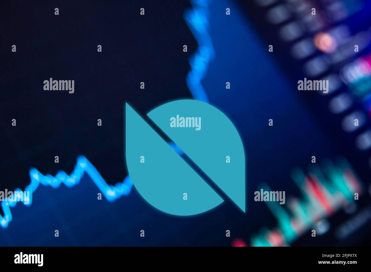 Ontology ONT Cryptocurrency. Ontology coin growth chart on the exchange, chart Stock Photo