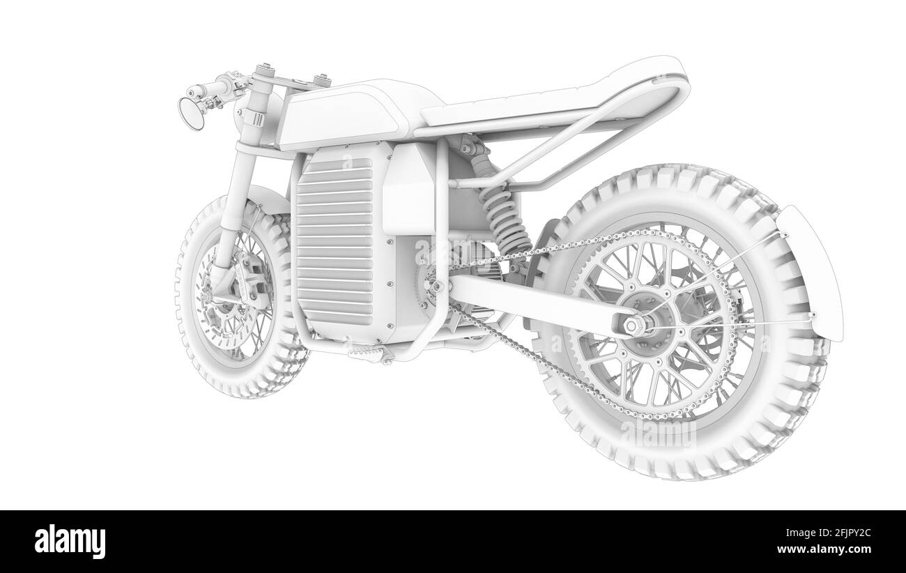 3D rendering of an electric motorcycle motor bike computer model on white background Stock Photo