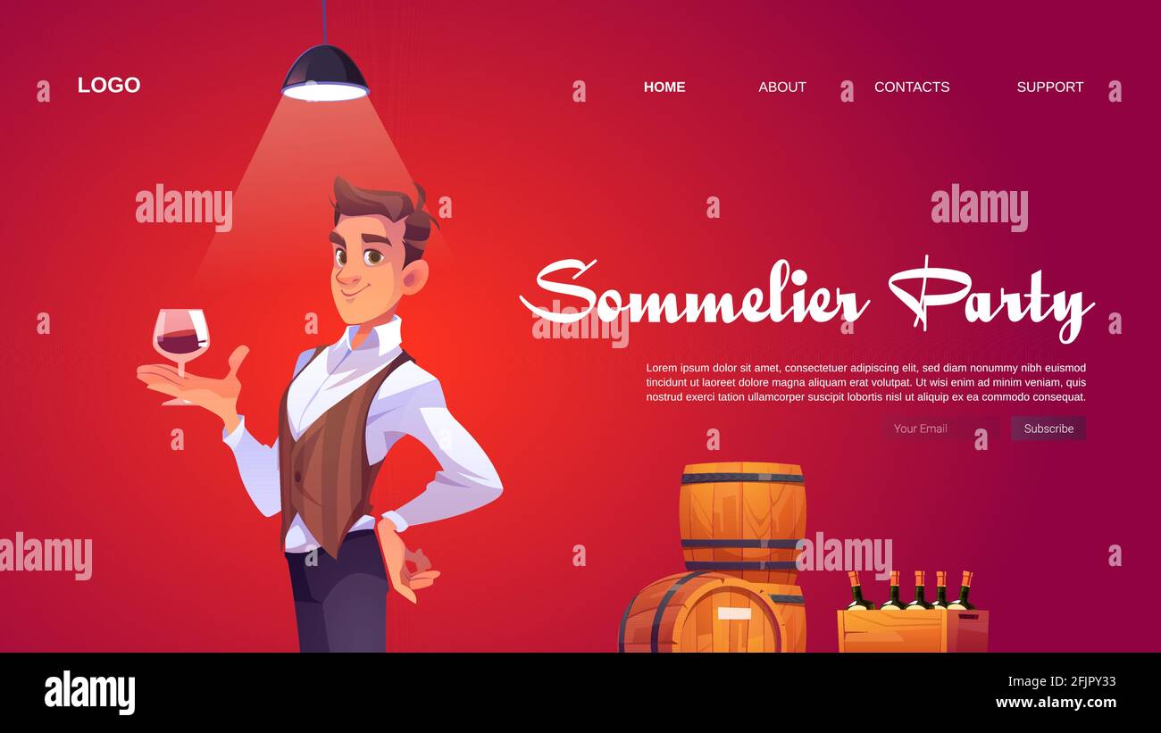 Sommelier party website with man holding wineglass. Banner of tasting alcohol drinks in winery bar or restaurant. Vector landing page with cartoon taster, wooden barrels and wine bottles Stock Vector