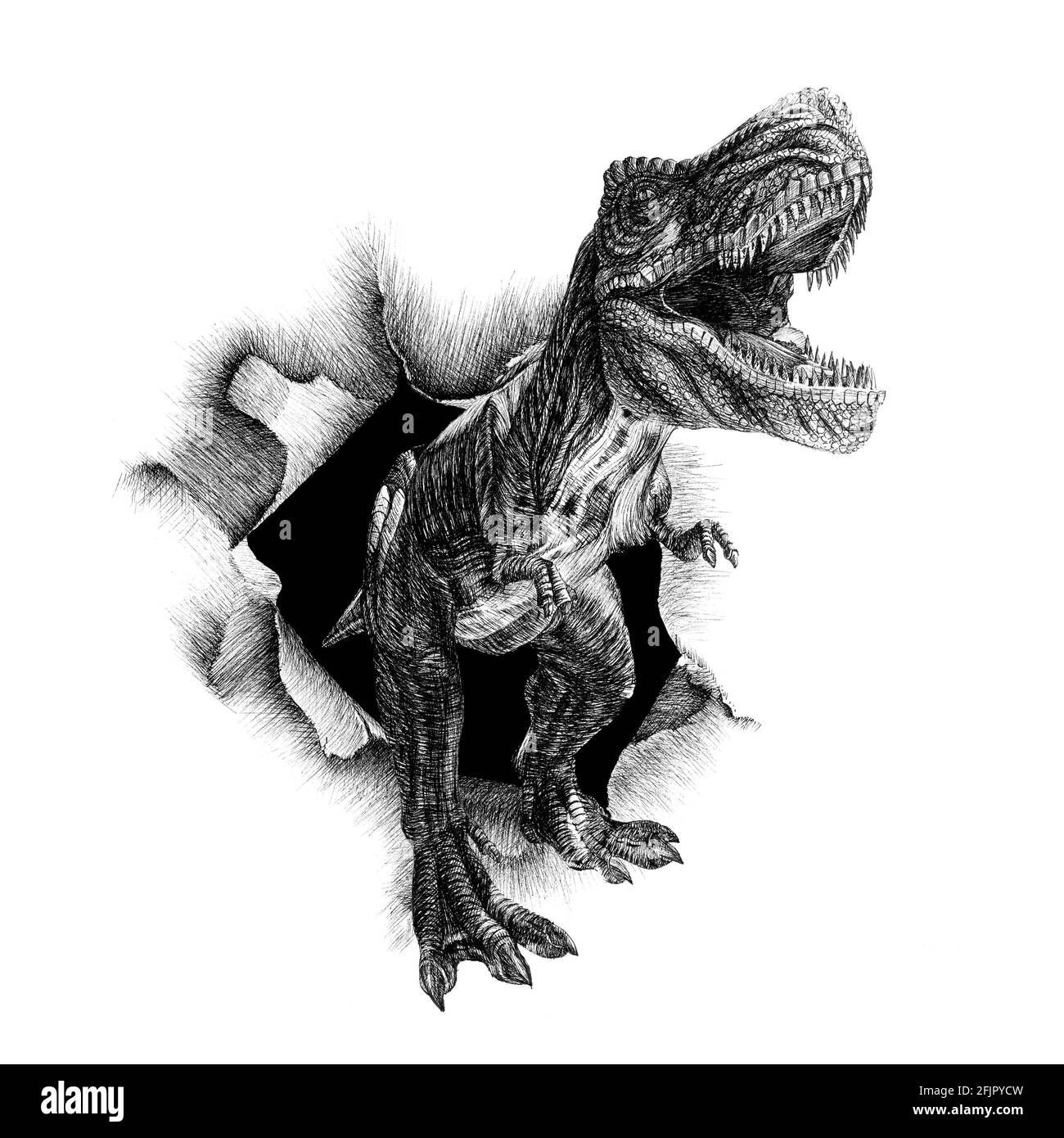 Hand drawn torn paper with dinosaur, sketch graphics monochrome illustration on white background (originals, no tracing) Stock Photo
