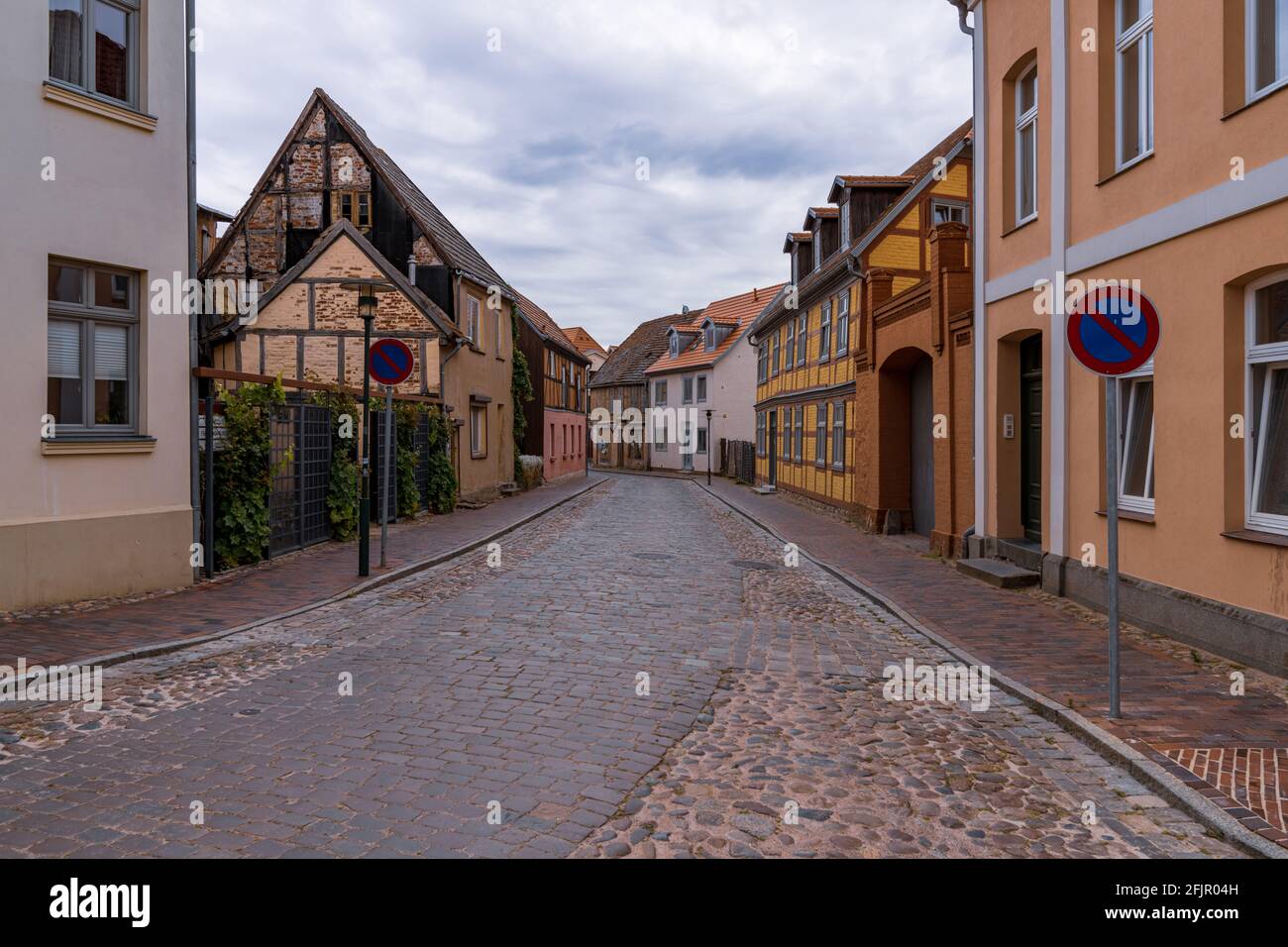 Plau am See, Mecklenburg-Western Pomerania, Germany - June 10 2020: The houses at the empty Market street Stock Photo