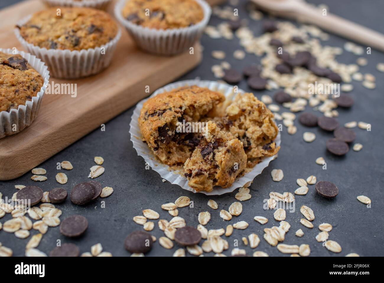 Sweet home made whole grain muffins with chocolate chips Stock Photo