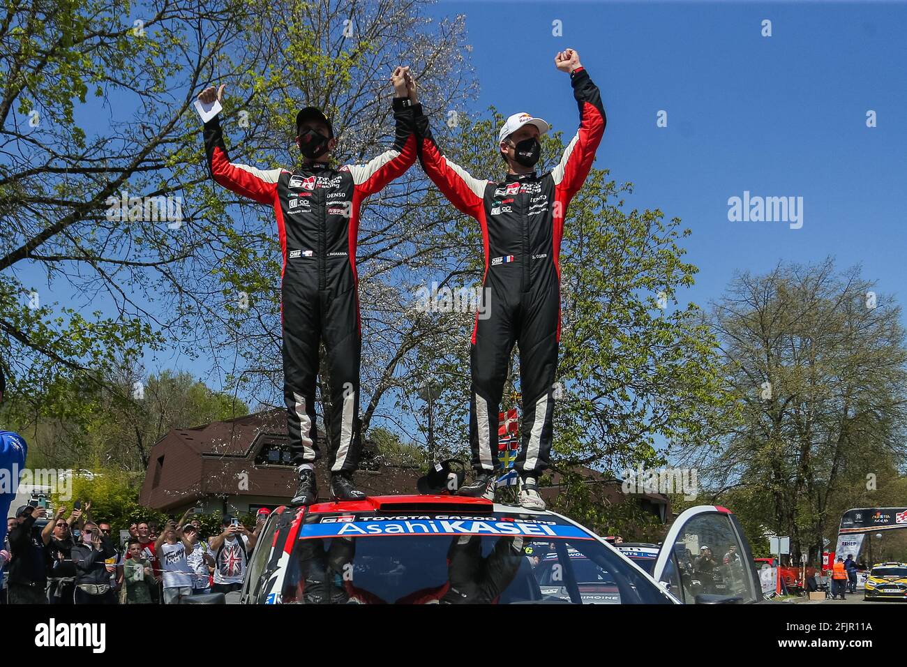 (210426) -- KUMROVEC, April 26, 2021 (Xinhua) -- Sebastien Ogier (R) and his co-driver Julien Ingrassia of France celebrate after winning the first edition of FIA World Rally Championship Croatia in Kumrovec, Croatia, April 25, 2021. (Luka Stanzl/Pixsell via Xinhua) Stock Photo