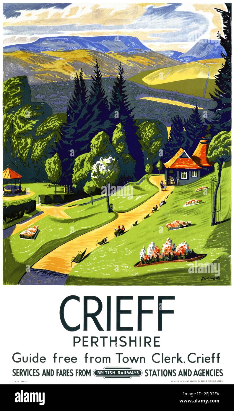 Crieff Perthshire by Ch Birtwhistle (dates unkown). Restored vintage poster published in the 1930s in the UK. Stock Photo