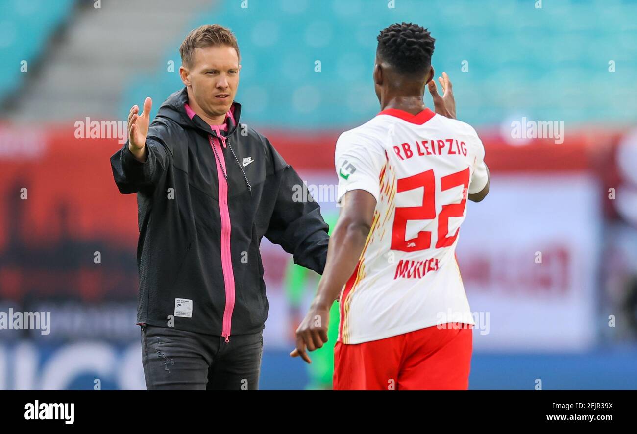 Leipzig Germany 25th Apr 2021 Football Bundesliga Matchday 31 Rb Leipzig Vfb Stuttgart At Red Bull Arena Leipzig Leipzig Coach Julian Nagelsmann Thanks Leipzig Defender Nordi Mukiele After The Match Credit [ 886 x 1300 Pixel ]