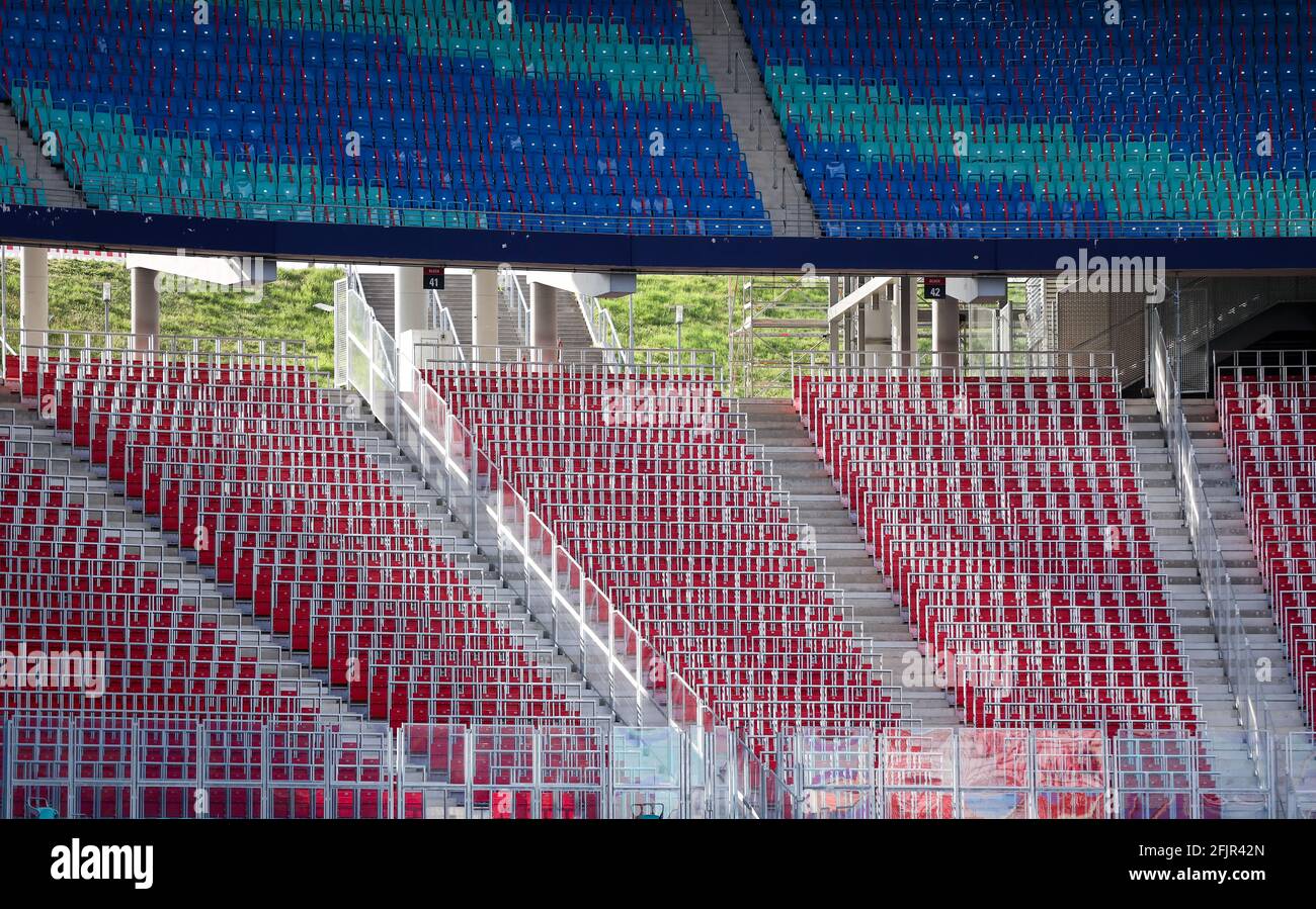 Leipzig, Germany. 25th Apr, 2021. Football: Bundesliga, Matchday 31, RB Leipzig - VfB Stuttgart at the Red Bull Arena Leipzig. Leipzig's guest block has already received new folding seats in red. Credit: Jan Woitas/dpa-Zentralbild/dpa/Alamy Live News Stock Photo