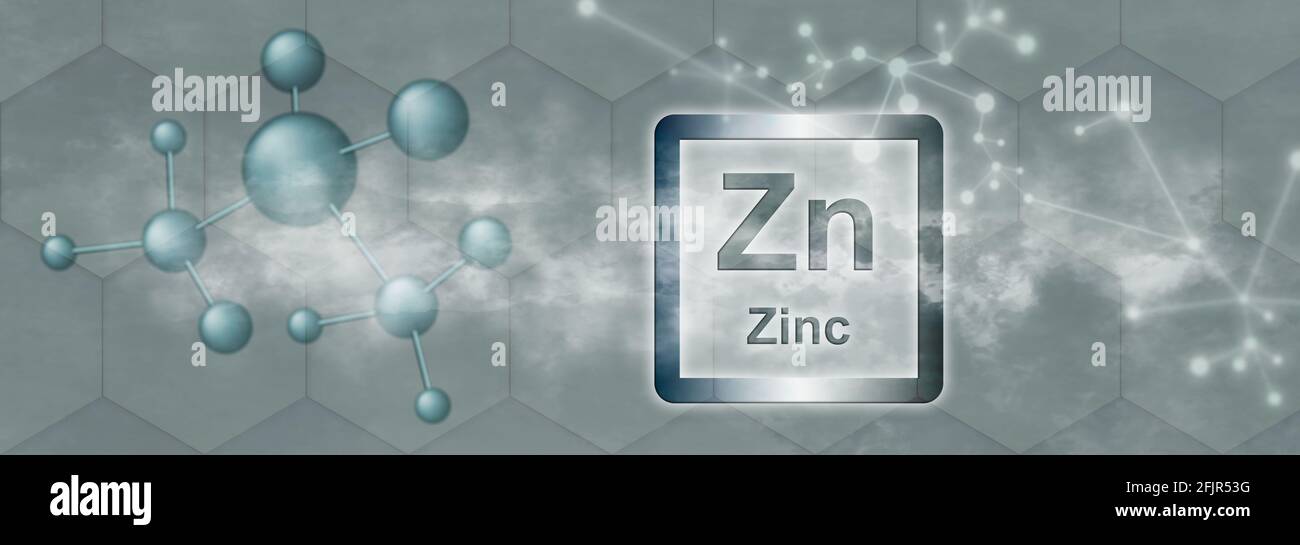 Zn symbol. Zinc chemical element with molecule and network on grey background Stock Photo