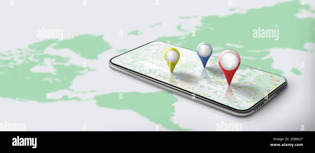 Application of GPS Navigation map on smartphone with Red, blue, and