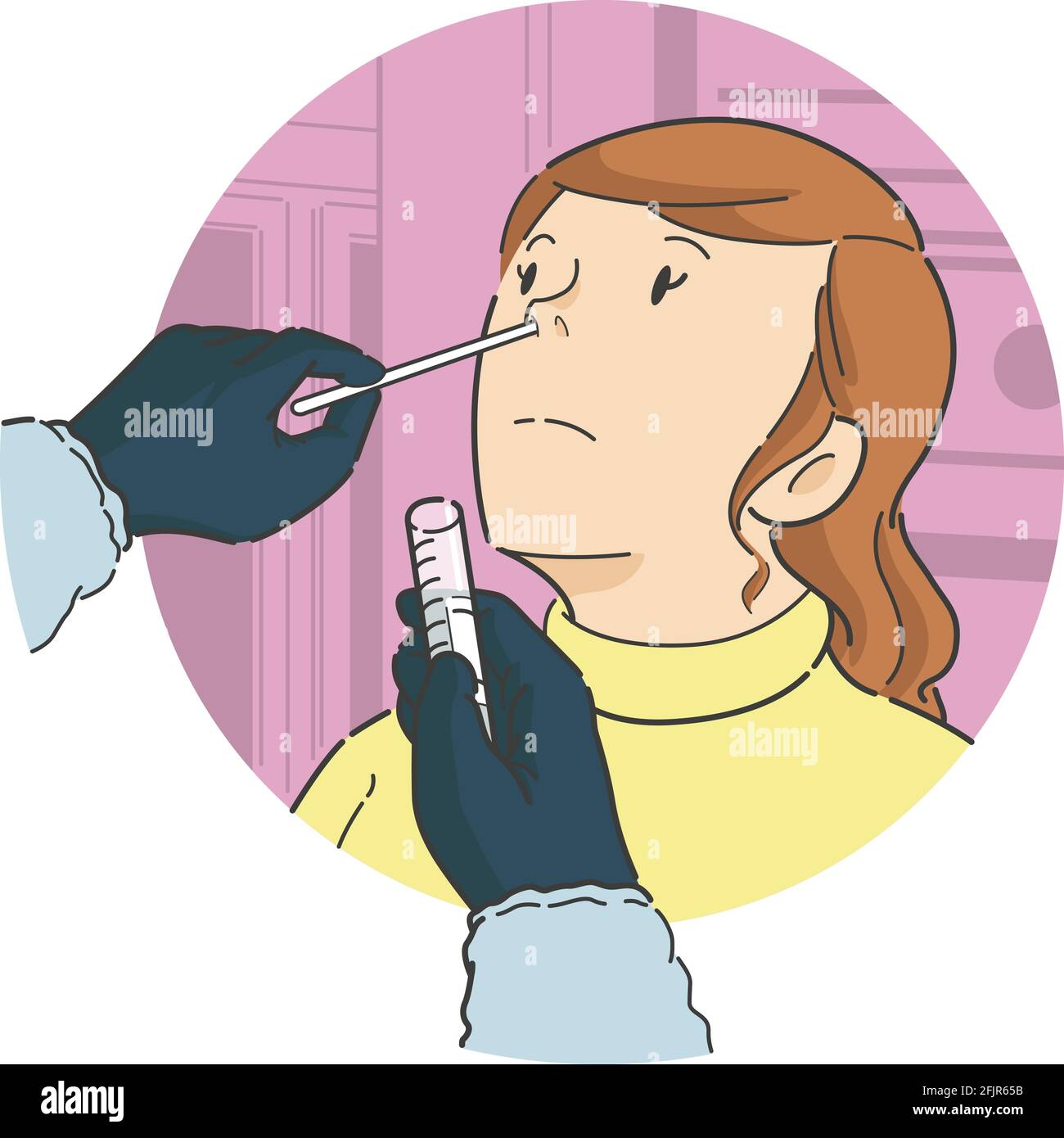 Nasal Swab Test on Female Patient in Front View Cartoon Illustration