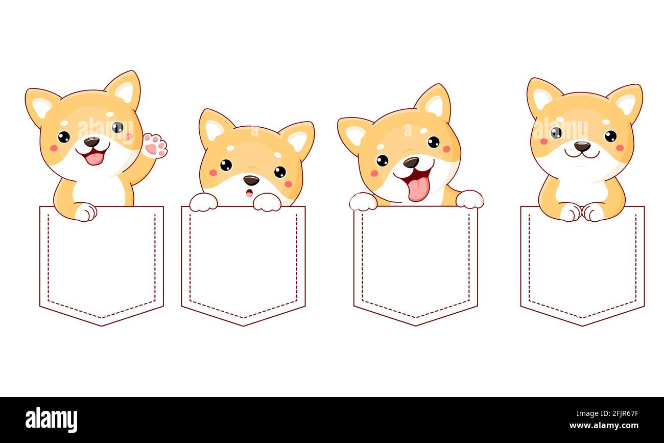 Cute Cartoon Characters Pocket Set Baby Collection Of Kawaii Funny Happy Surprised Dogs In Pockets Childish Print With Kawaii Shiba Inu Puppy For Stock Vector Image Art Alamy