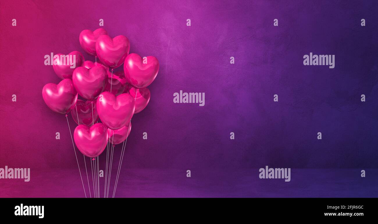 Pink heart shape balloons bunch on a purple wall background. Horizontal ...