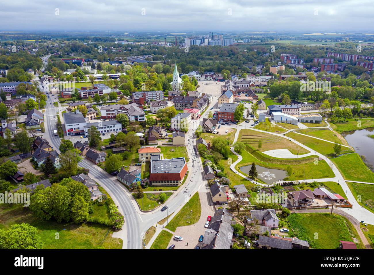 aerial view of the Dobele city, Industrial and residential buildings ...