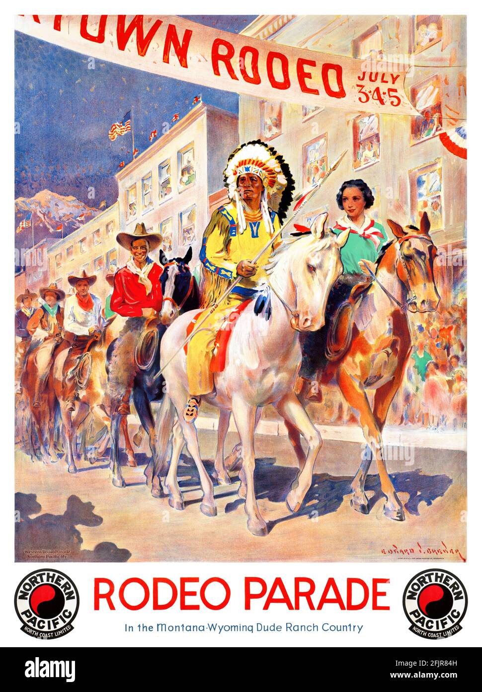 Rodeo Parade. Northern Pacific by Edward Vincent Brewer (1883-1971). Restored vintage poster published in 1935 in USA. Stock Photo
