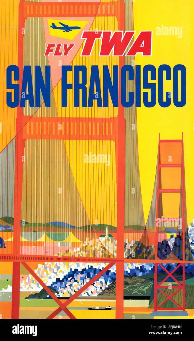 Fly TWA San Francisco by David Klein (1918-2005). Restored vintage poster published in 1957 in USA. Stock Photo