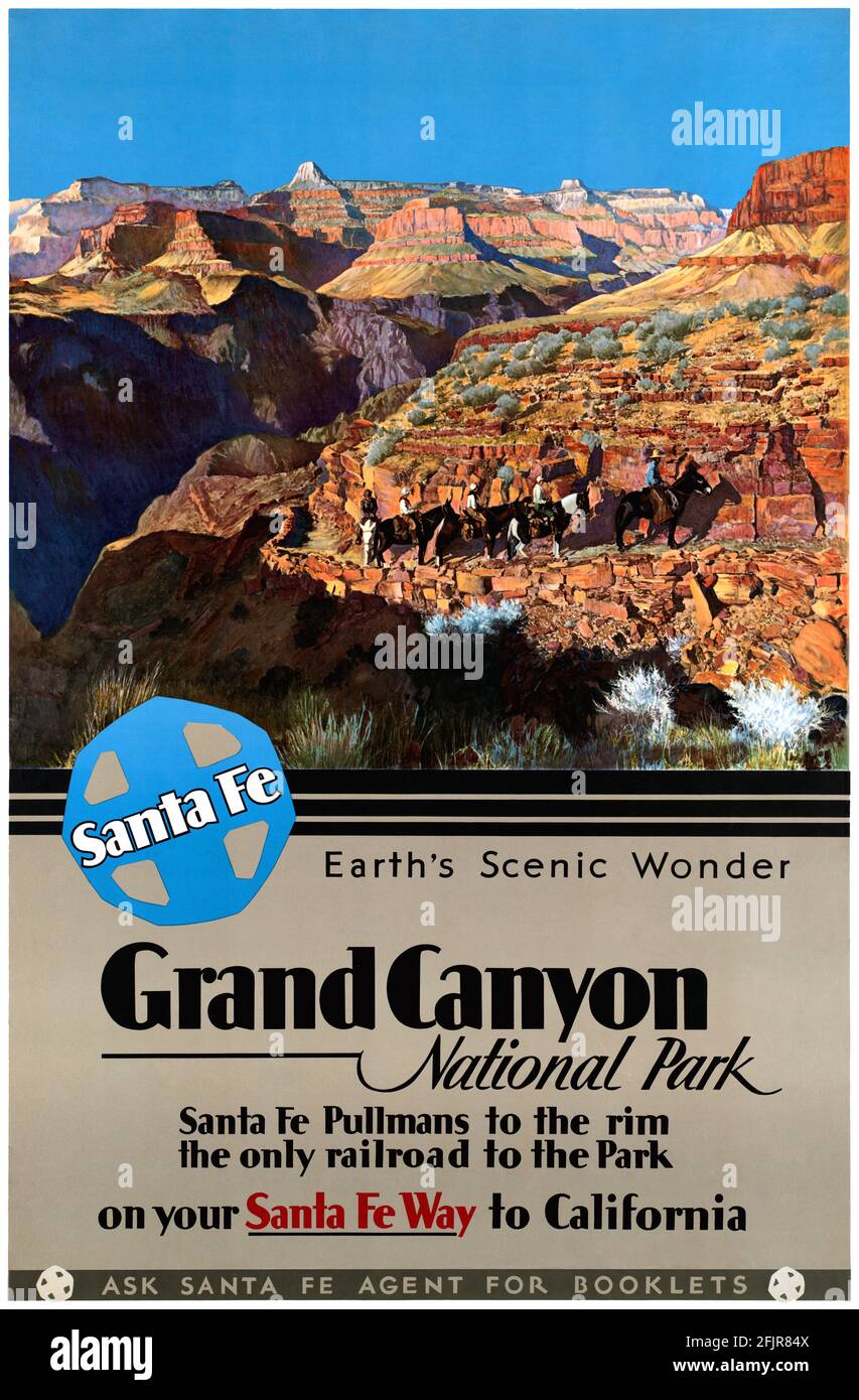 Grand Canyon. Santa Fe. Earth's Scenic Wonder. Artist unknow. Restored vintage poster published in the 1930s in the USA. Stock Photo