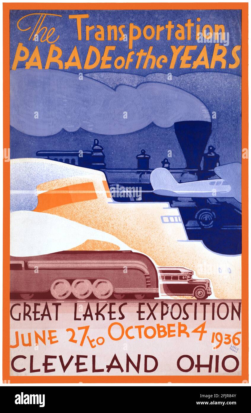 The Transportation Parade Of The Years by Leslie Ragan (1897-1972). Restored vintage poster published in 1936 in the USA. Stock Photo