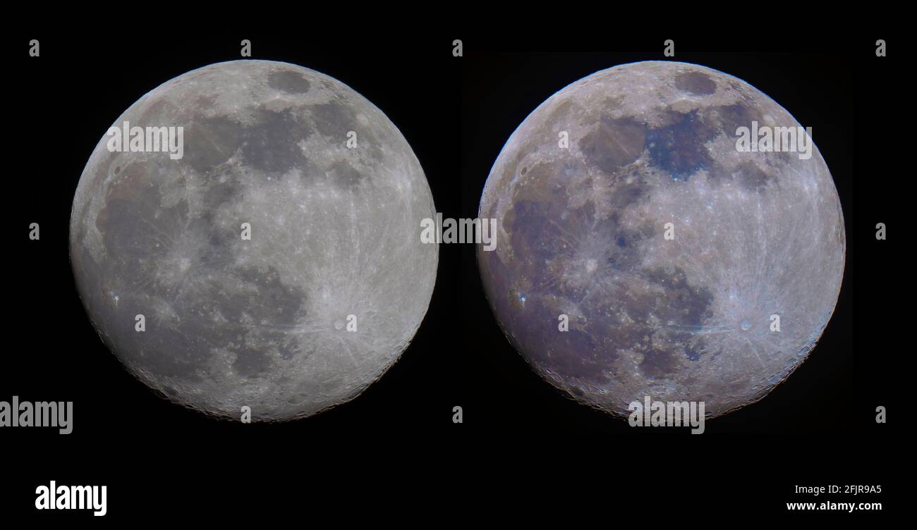 96% illuminated waxing gibbous Moon against black sky late evening from London, UK on 25 April 2021 through a telescope. Side by side comparison images: Left hand image is a standard photo of the almost full Moon; right hand image is colour enhanced to illustrate mineral deposits on the lunar surface. Credit: Malcolm Park/Alamy. Stock Photo