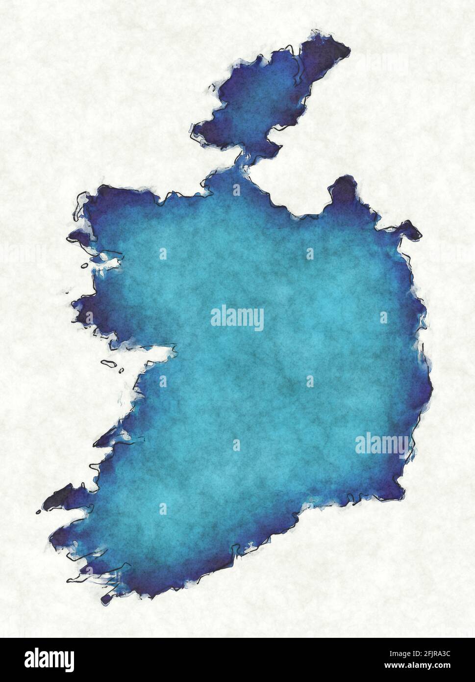 Ireland map with drawn lines and blue watercolor illustration Stock Photo