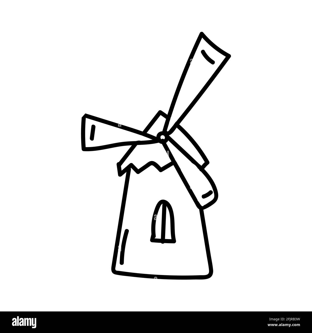 windmill. Hand drawn doodle vector illustration isolated on whithe background. Simple drawings with black color. Stock Vector