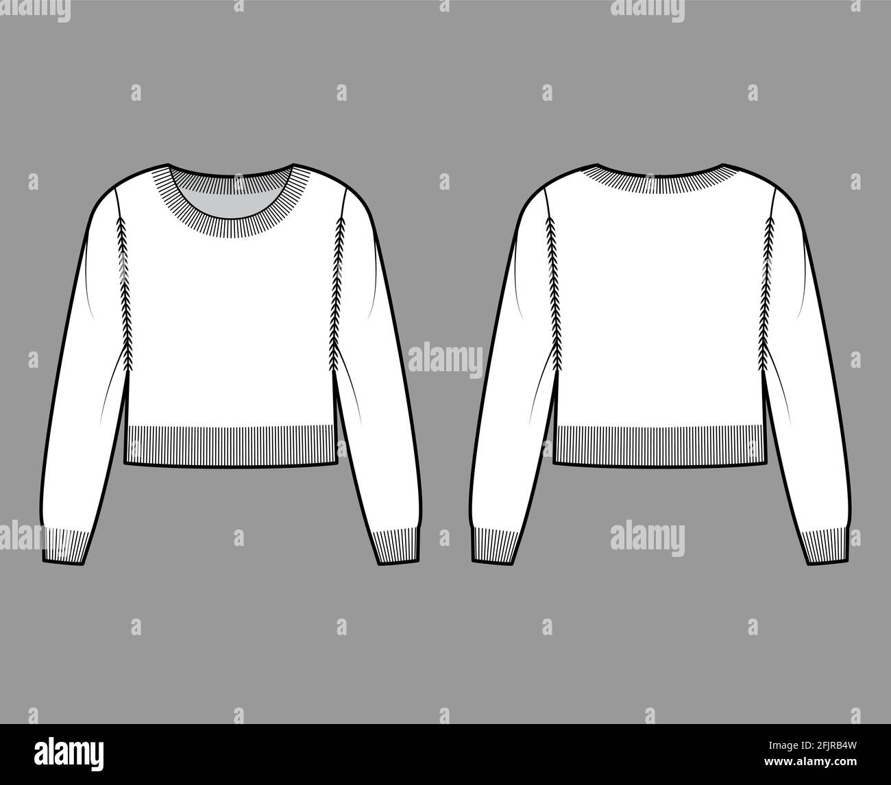 Round neck cropped Sweater technical fashion illustration with long