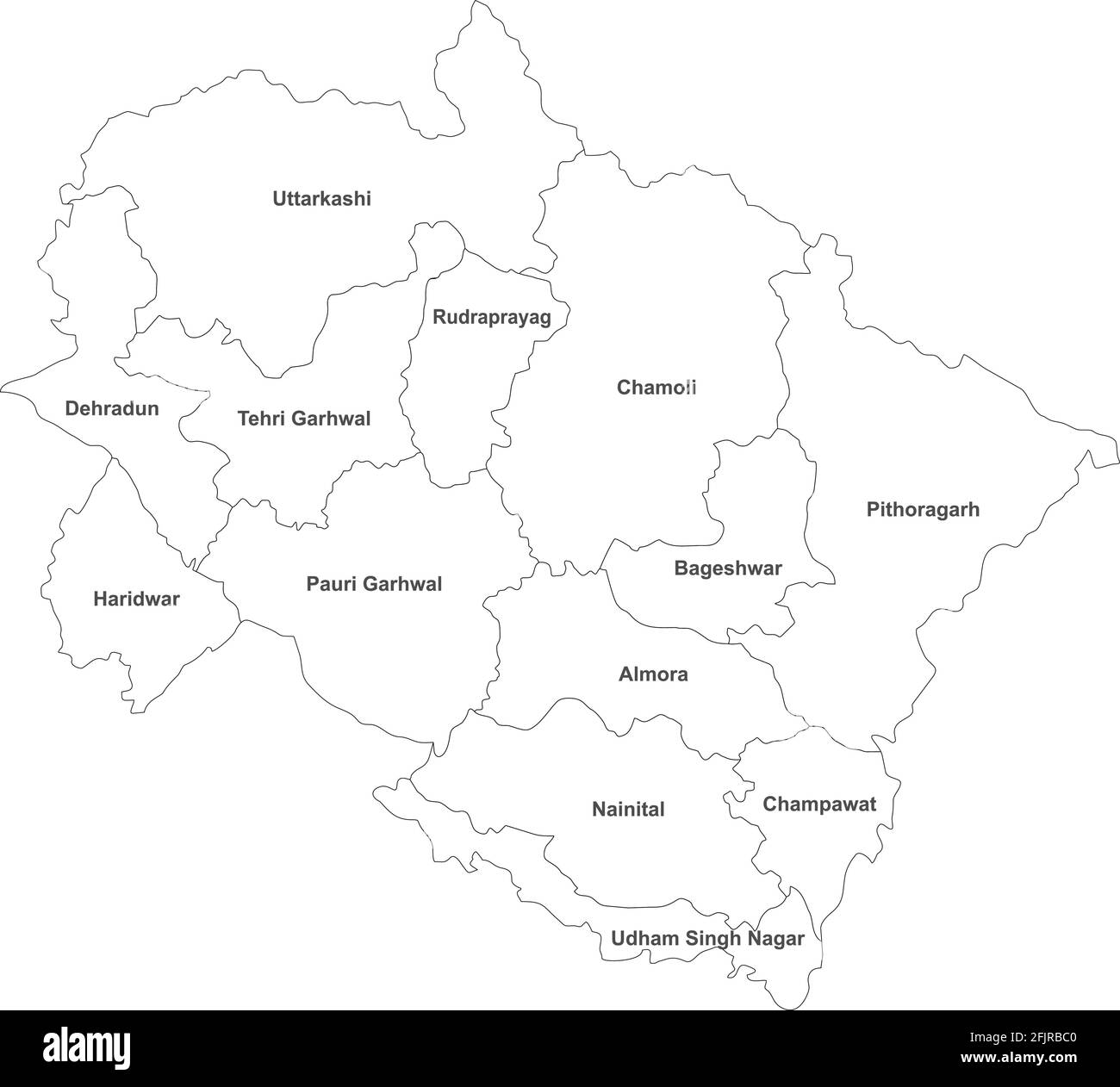 Uttarakhand districts map with name labels. Indian State maps. White background. Stock Vector