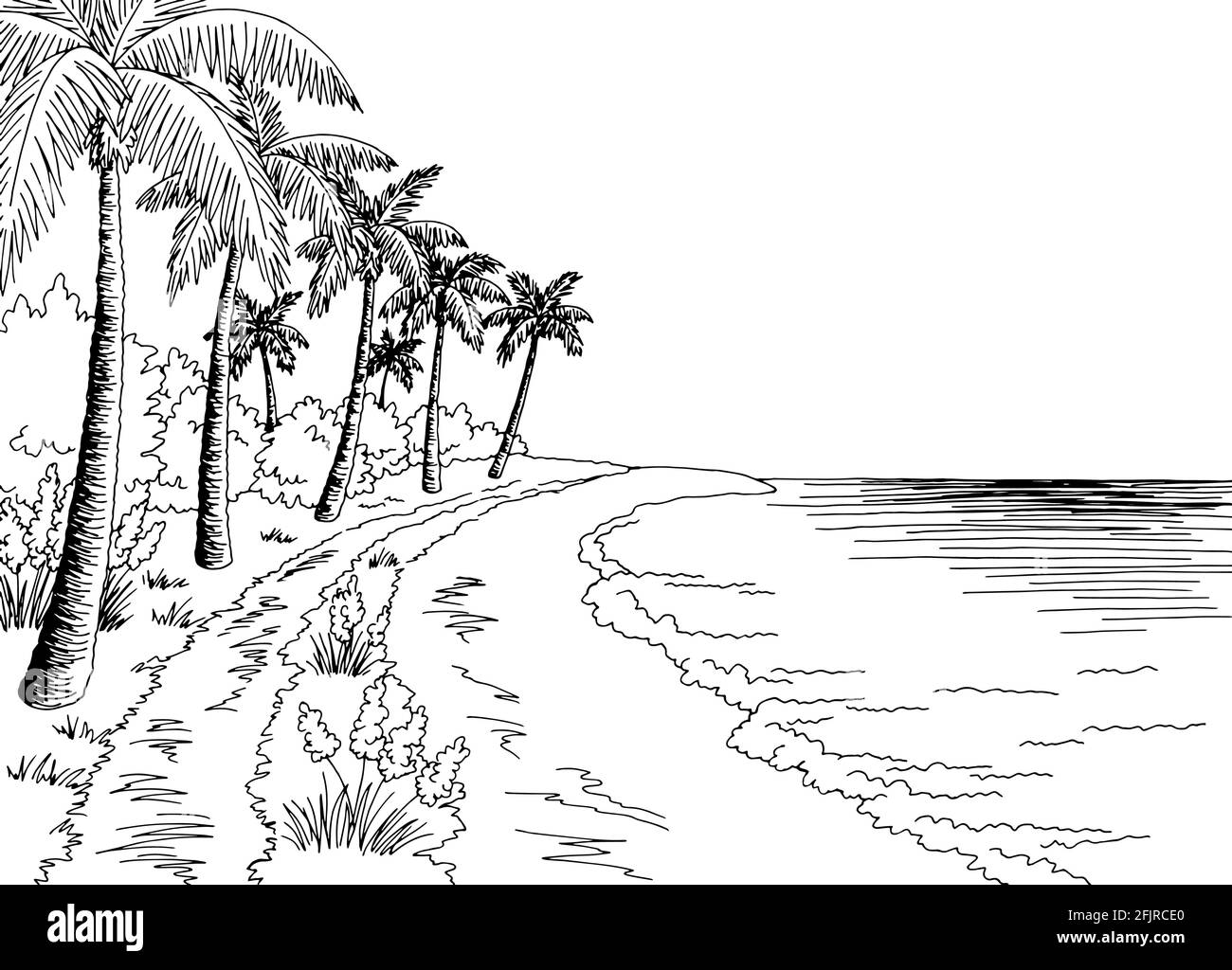 Beach road graphic beach black white landscape sketch illustration vector Stock Vector