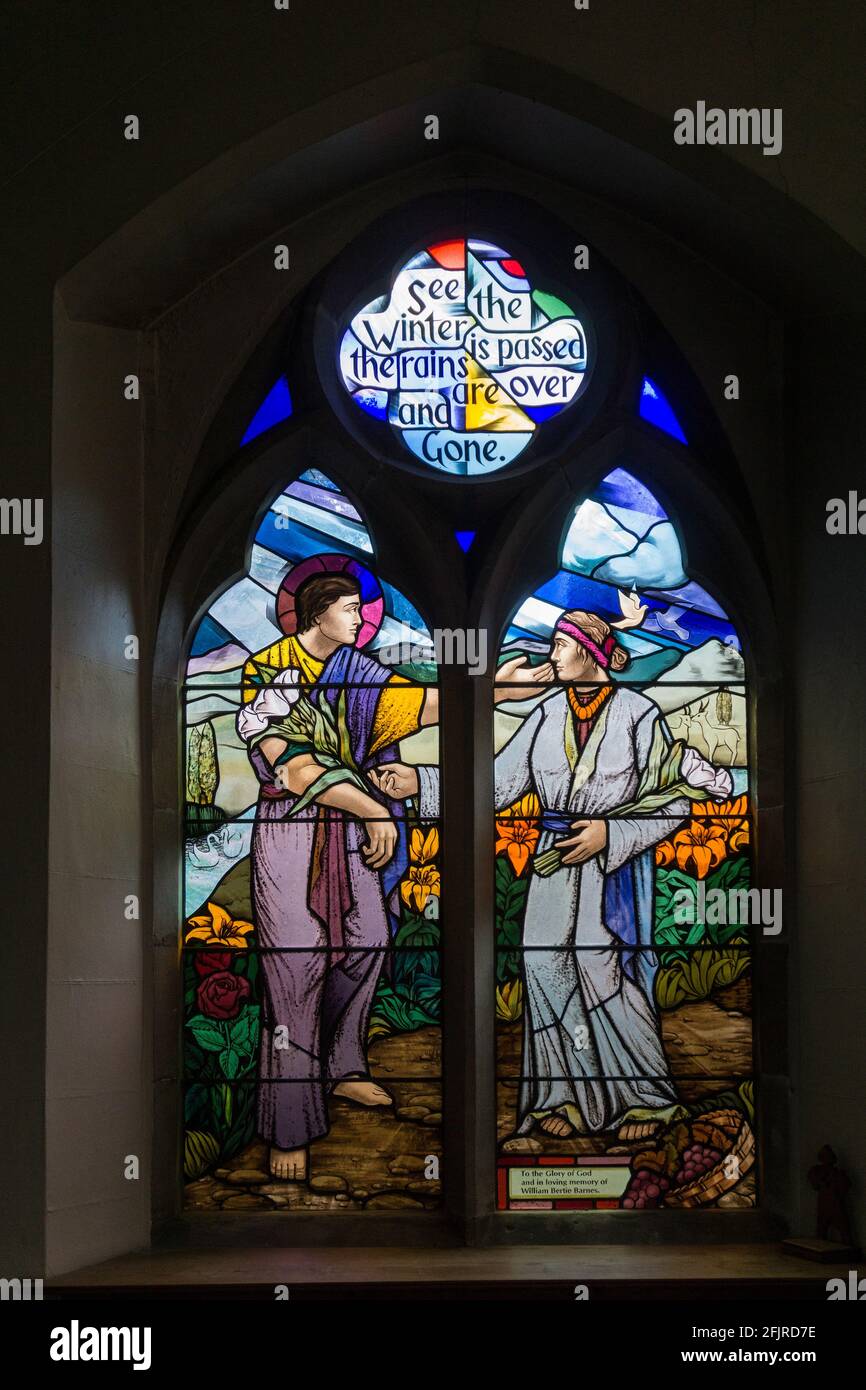 Modern stained glass window in the parish church of All Saints, Thornton Hough, Wirral, UK; by Petri Anderson, Chapel Sudio, 2003 Stock Photo