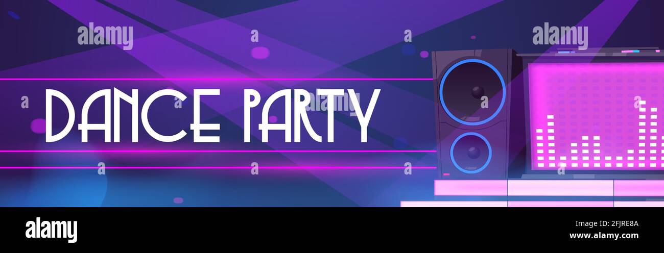 Dance party flyer. Poster of night club event with dj music and  discotheque. Vector cartoon illustration of dj console with sound speaker  and pink neon light Stock Vector Image & Art -