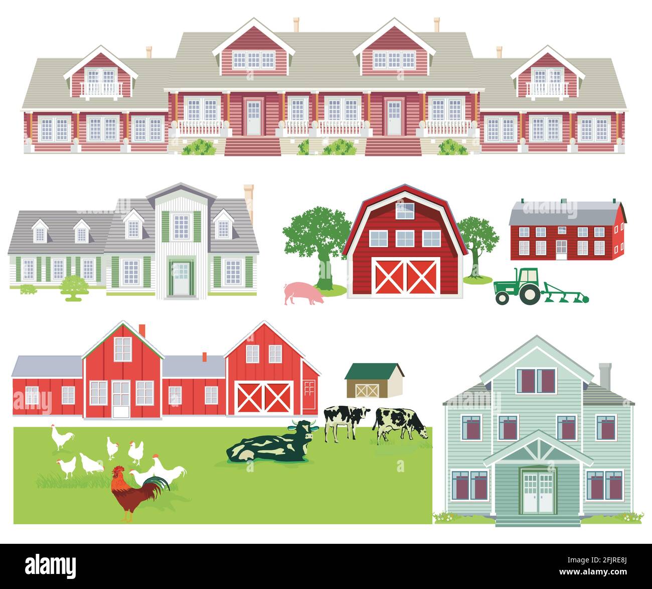 Farm houses and country houses, illustration isolated Stock Vector