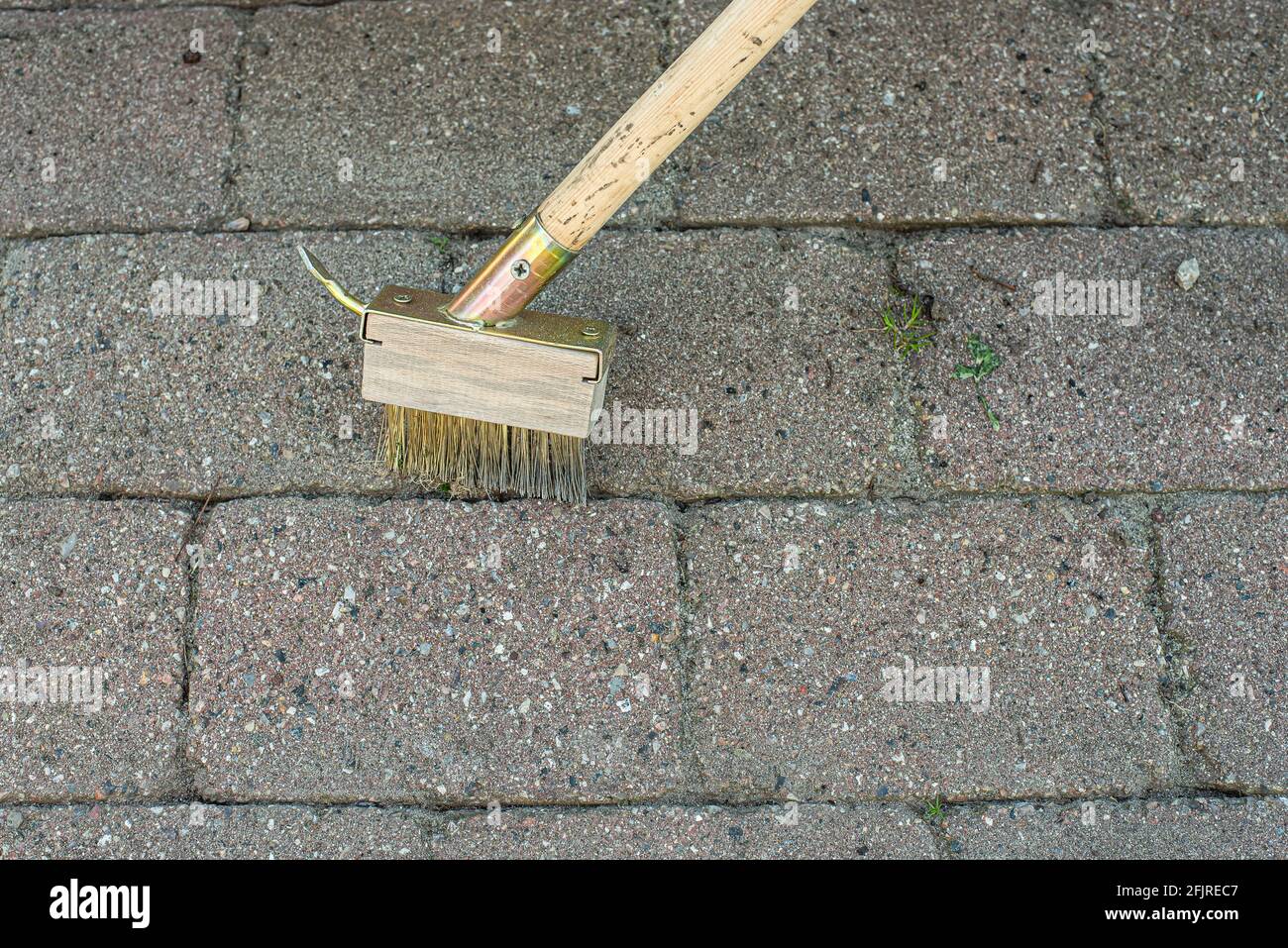 spring work in the garden, clear stone slabs from weeds with a wire brush on a stick, Denmark, April 19, 2021 Stock Photo