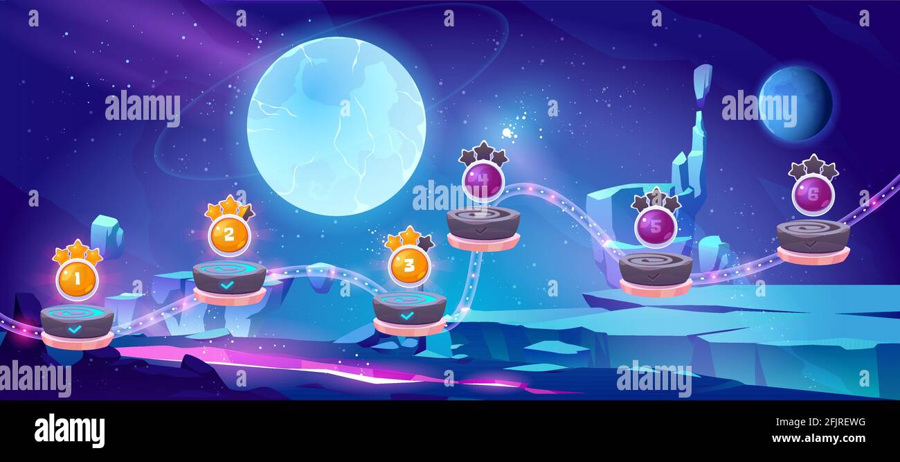 Space game level map with platforms, alien landscape and planets in sky.  Vector background for gui
