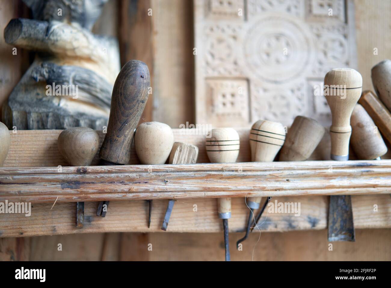 Wood carving tool Carpenter tools in stand at workplace Handmade