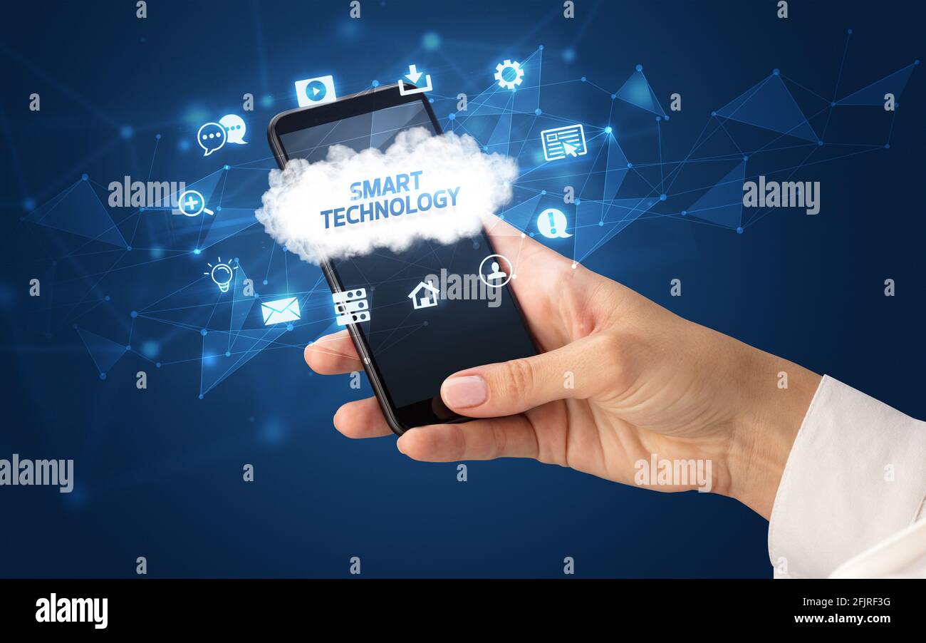 Hand using smartphone with cloud technology concept Stock Photo - Alamy