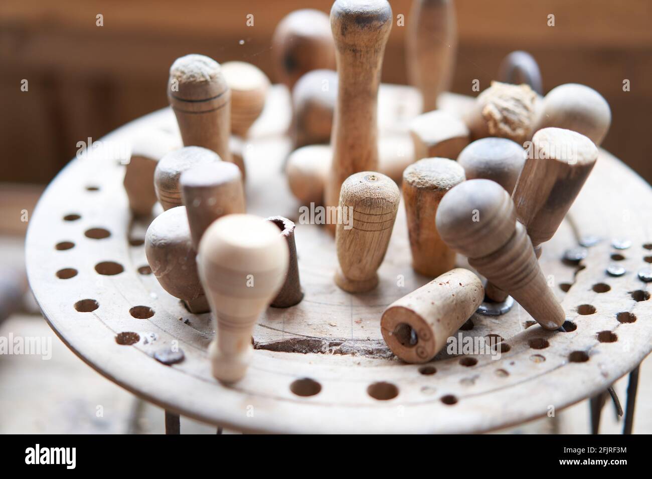 Wood carving tool Carpenter tools in stand at workplace Handmade