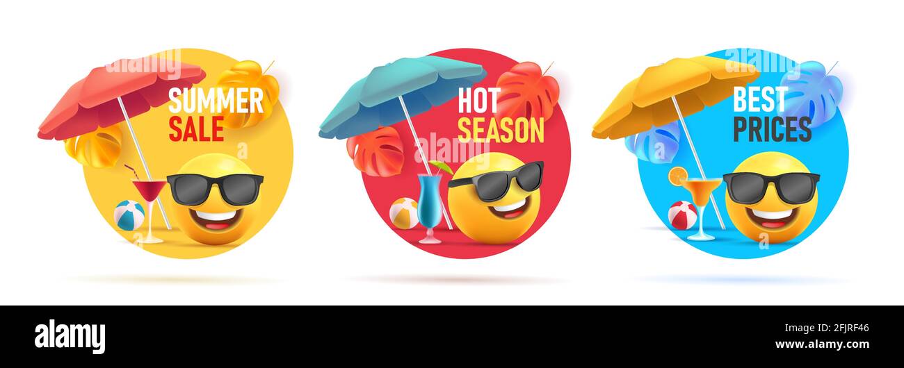 Set of summer sale discount tags, circle shapes with 3d illustration of smiley face emoji with umbrella and cocktails in sunglasses on the beach havin Stock Vector