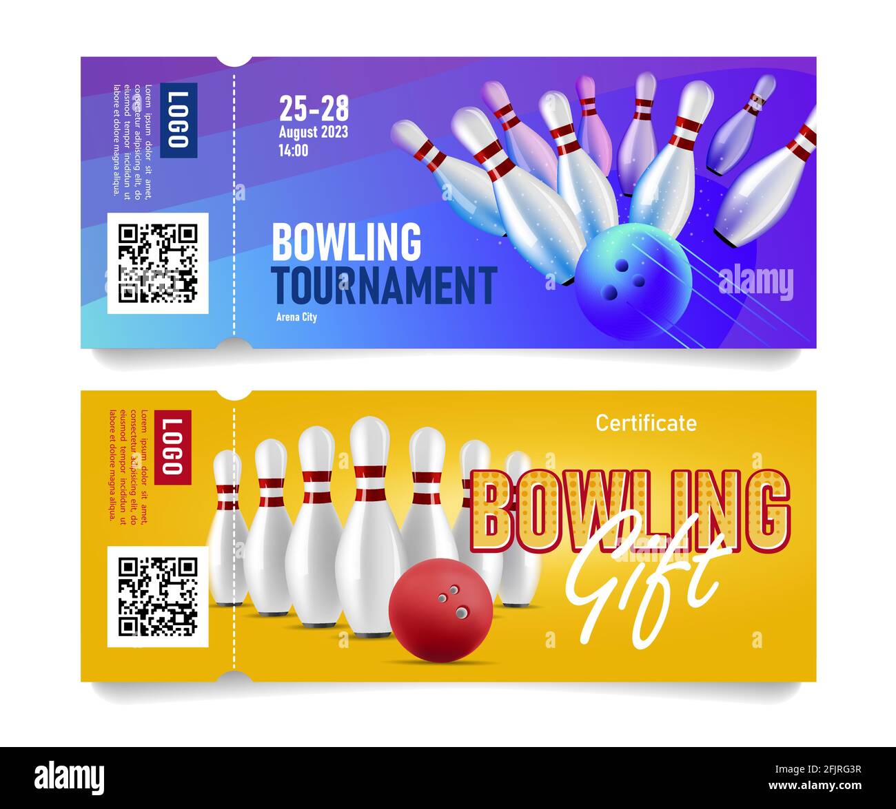 Set of admission tickets for tournament or gift voucher for bowling event  with illustration of bowling pins hit bay ball and standing in perspective  Stock Vector Image & Art - Alamy