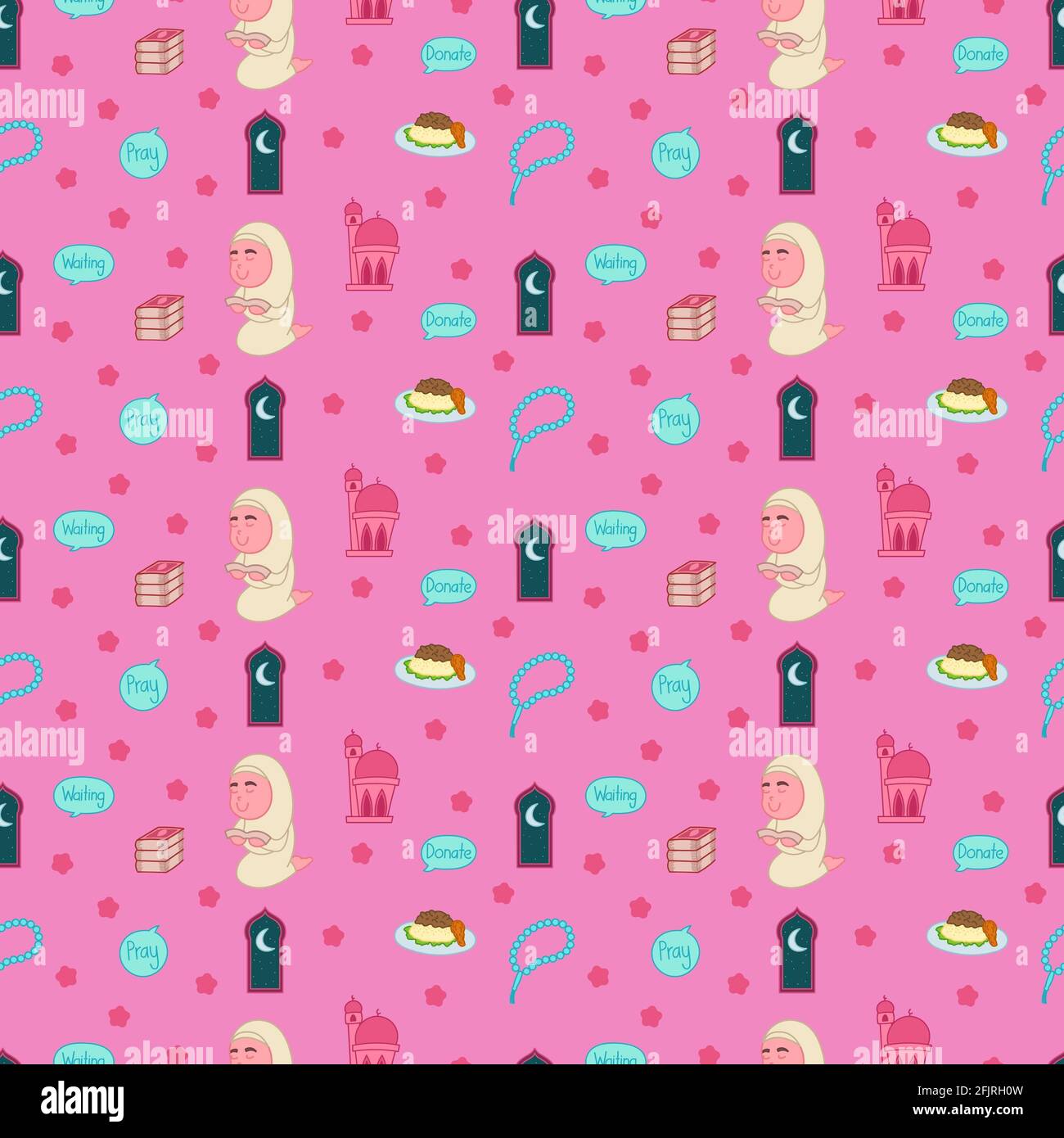 Ramadan stickers and seamless cartoon patterns in the p background Stock Photo