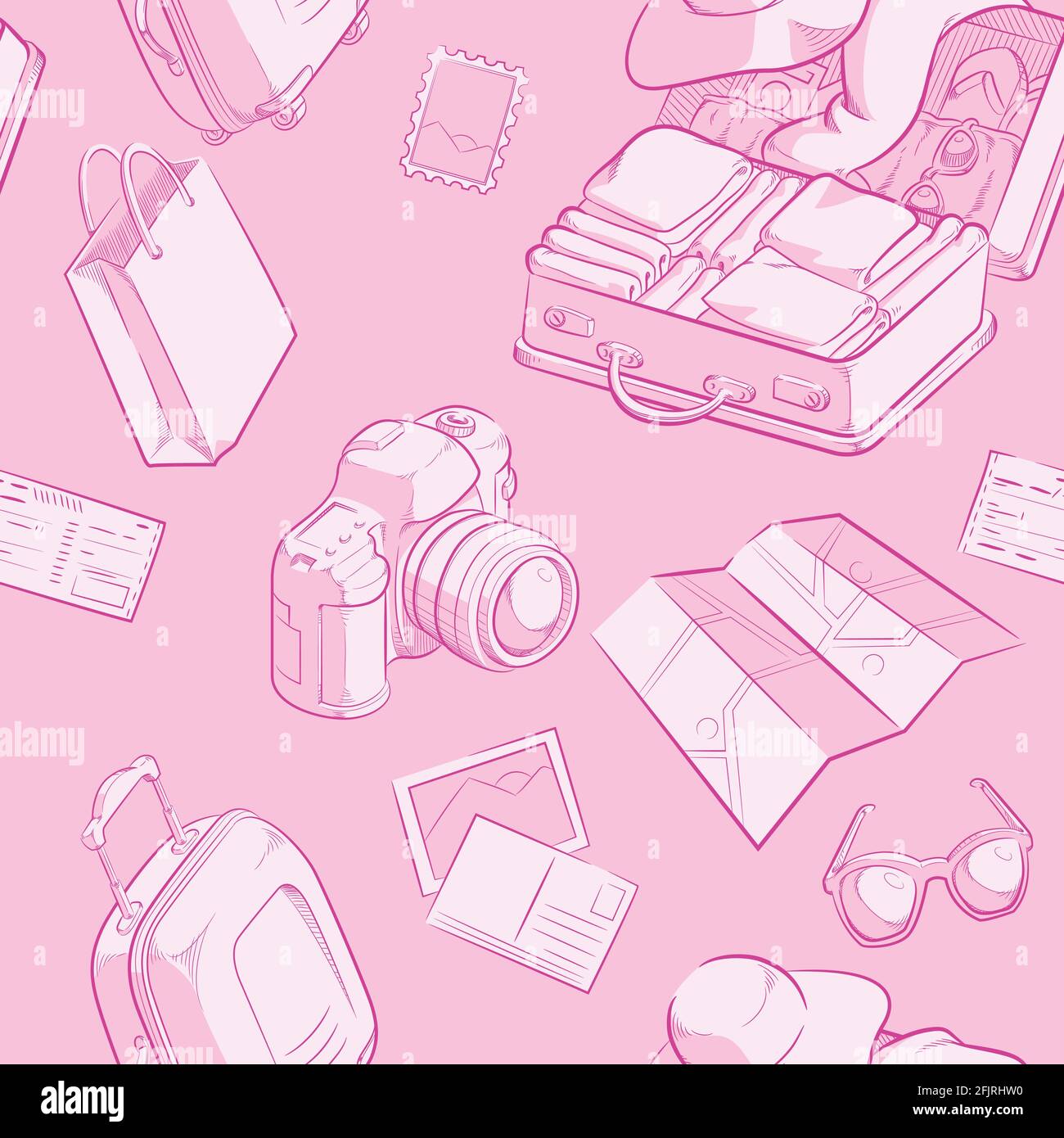 Seamless Pattern Travel Suitcase Doodle Background Vector Outline Stock Vector