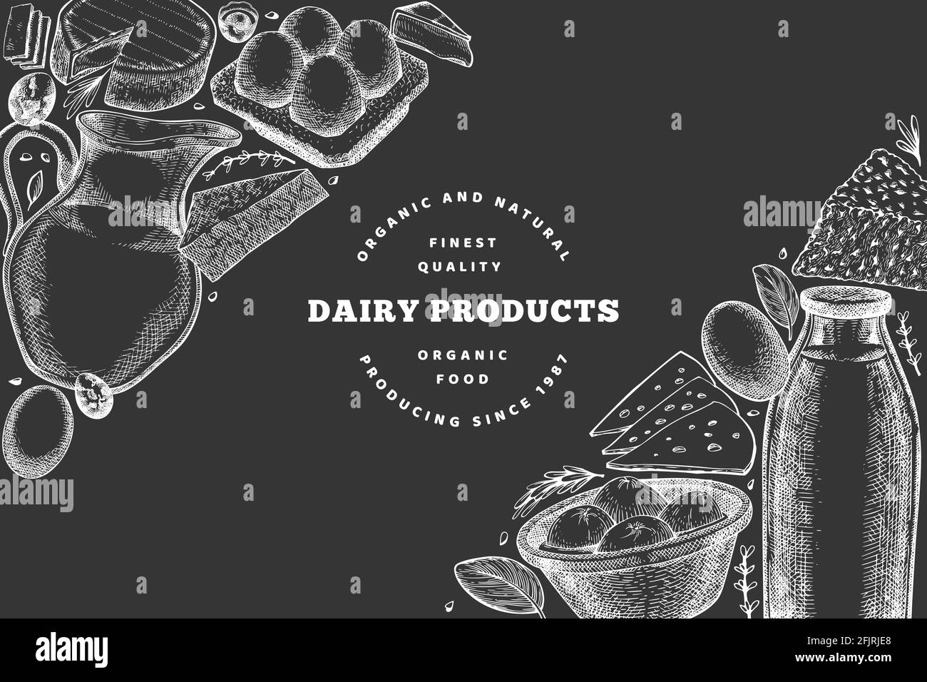 Farm food design template. Hand drawn vector dairy illustration on ...