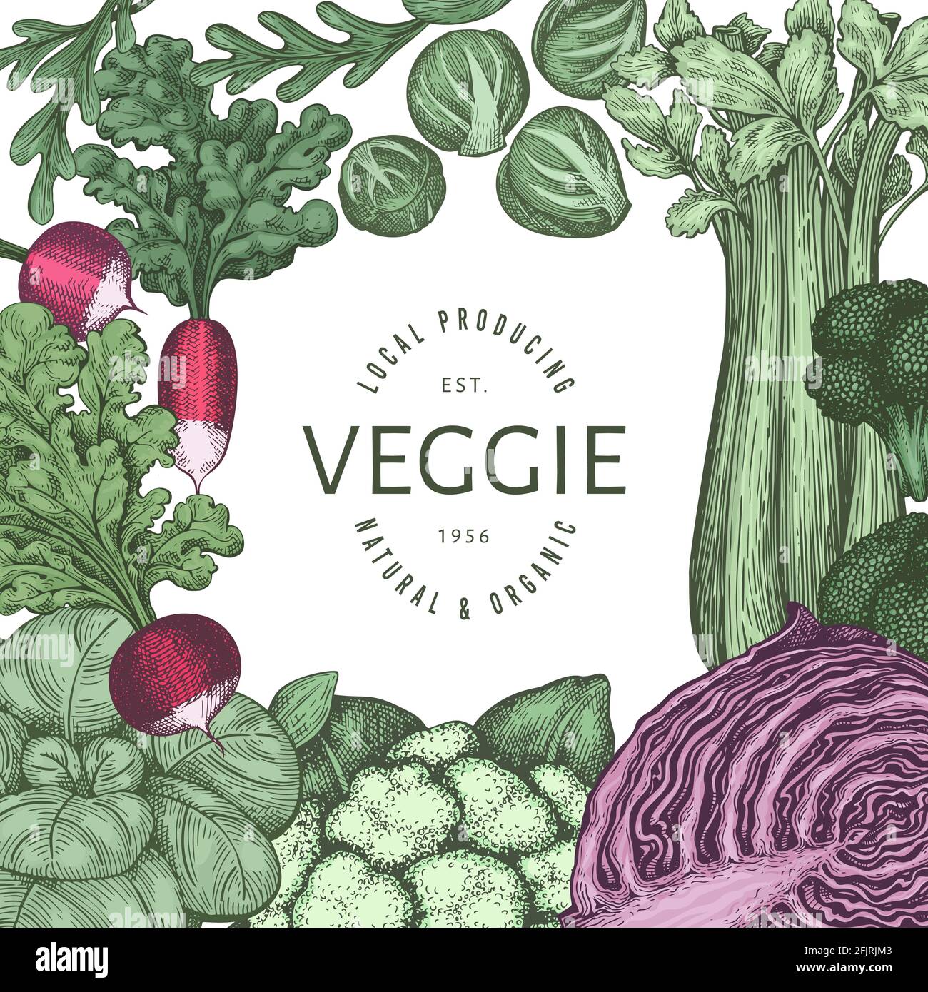 Hand drawn vintage color vegetables design. Organic fresh food vector ...