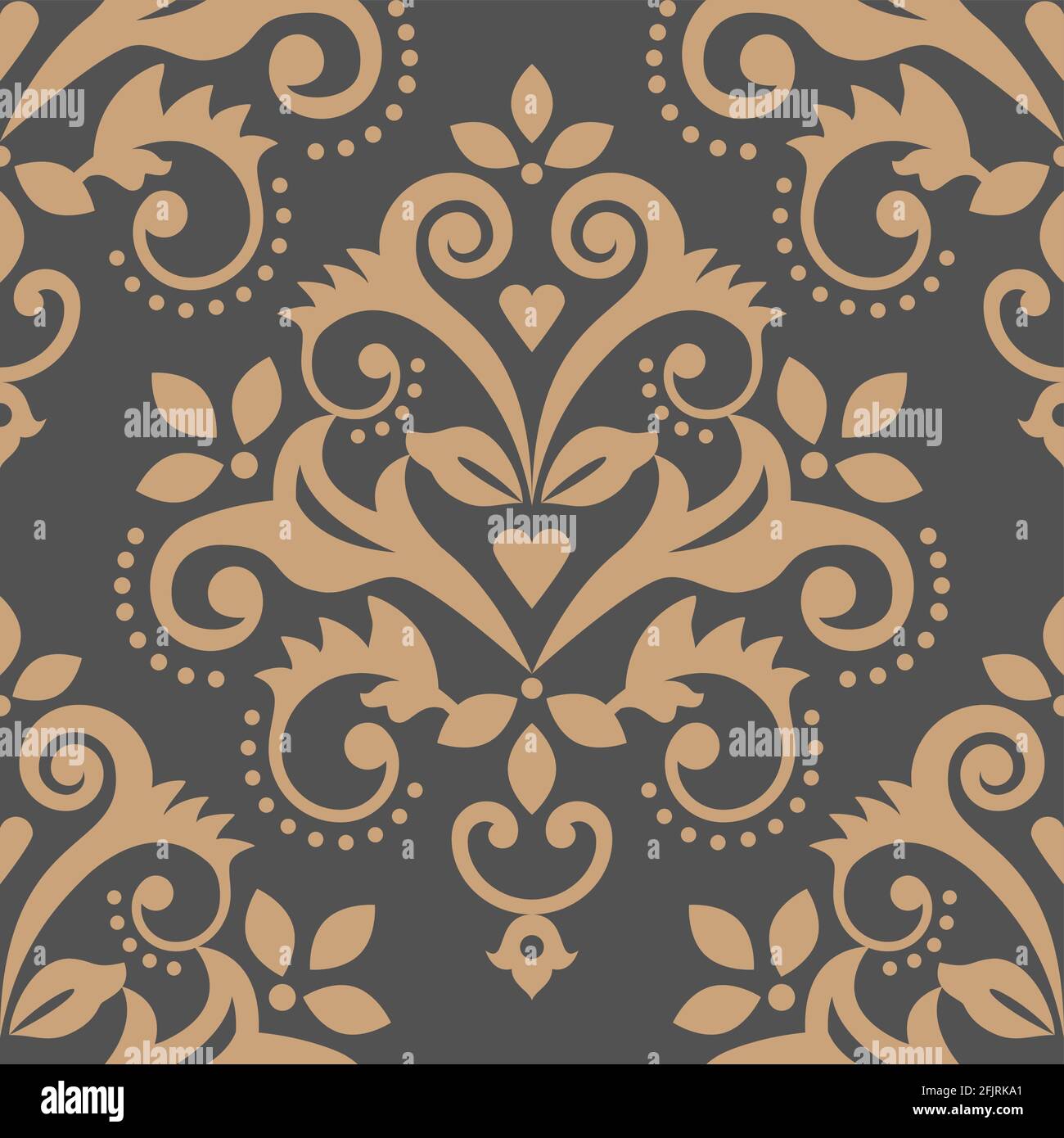 Damask tiled wallpaper, textile or fabric print pattern, traditional vector design with flowers, leaves and swirls Stock Vector