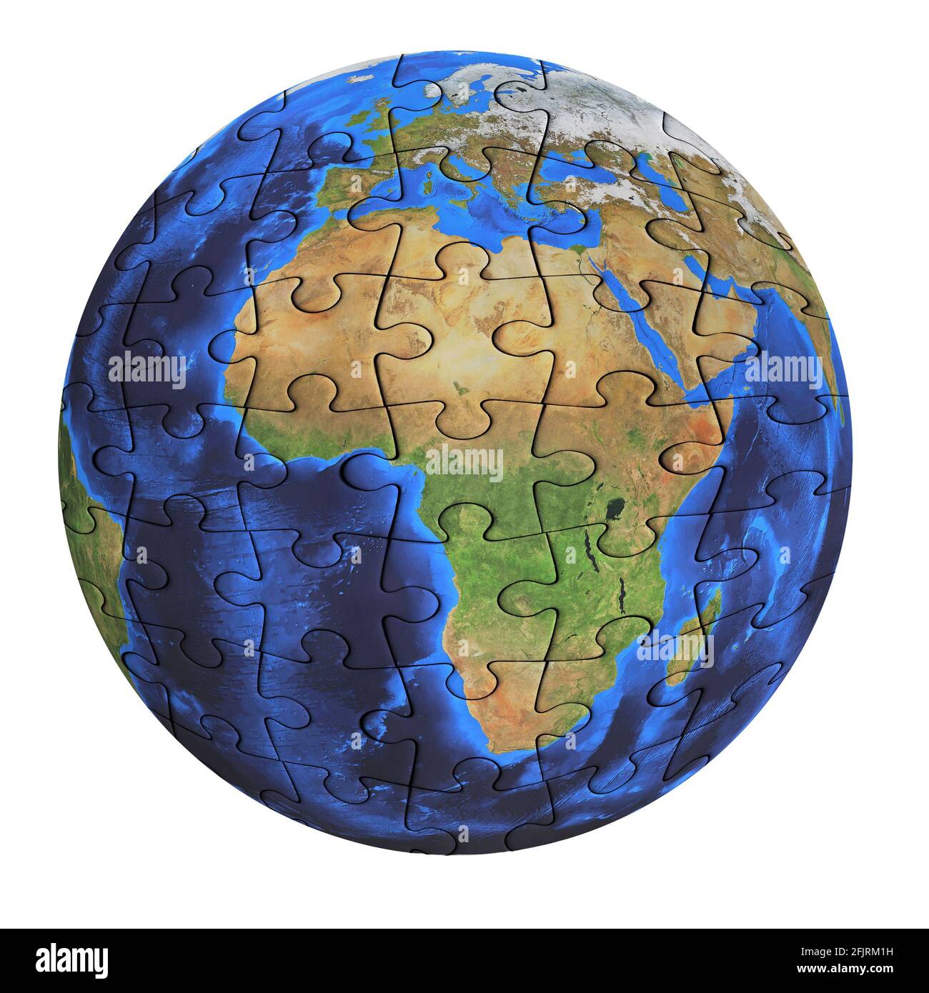 Concept of globalization 3d Earth planet isolated on white. Earth with jigsaw pieces Stock Photo