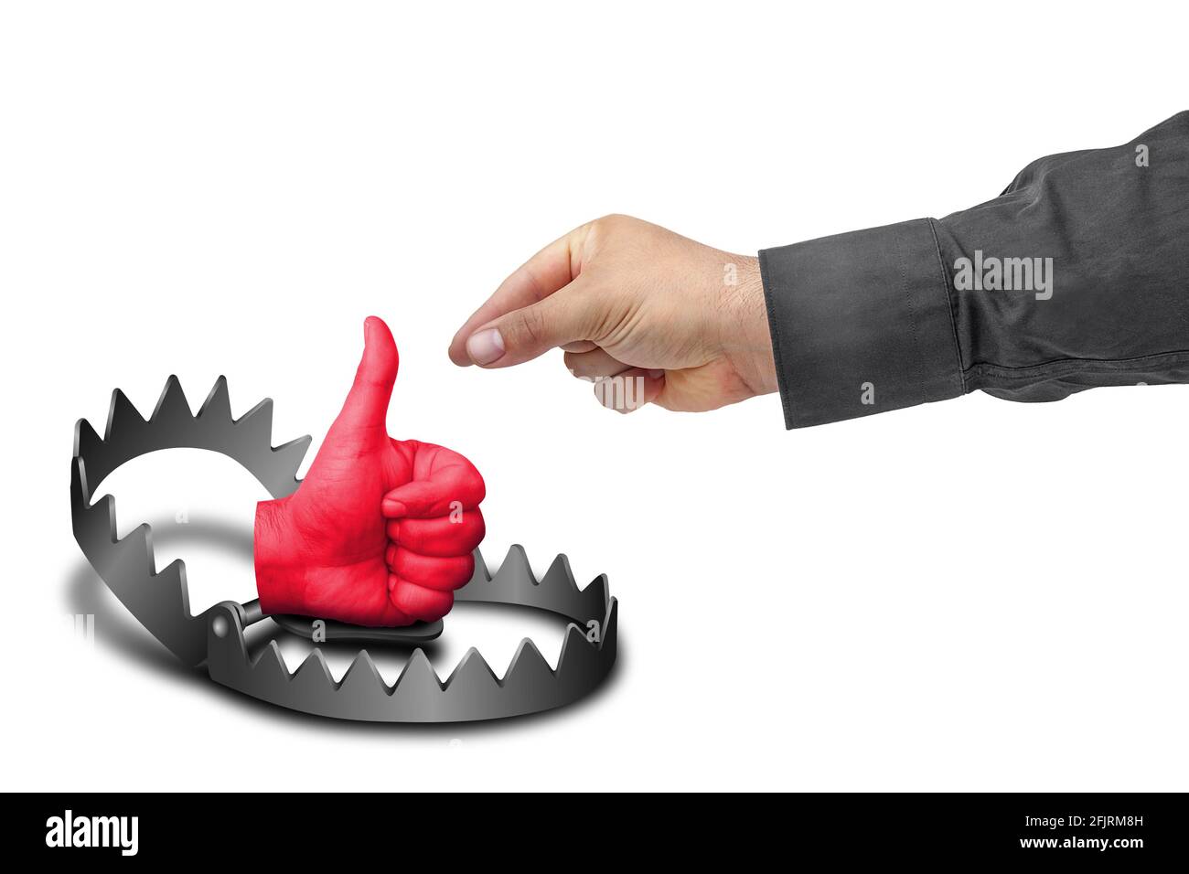 Like trap social network addiction concept. Hand picking devil thumb up Stock Photo