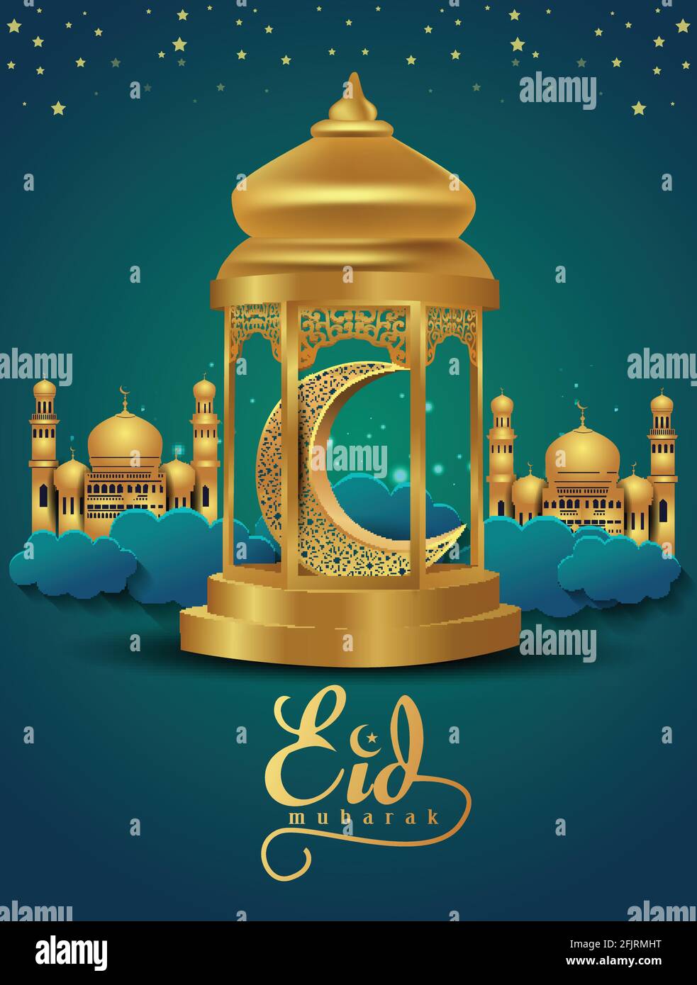 Eid Mubarak and Ramadan Kareem greetings. golden lantern and green halfmoon green  background .vector illustration design Stock Vector Image & Art - Alamy