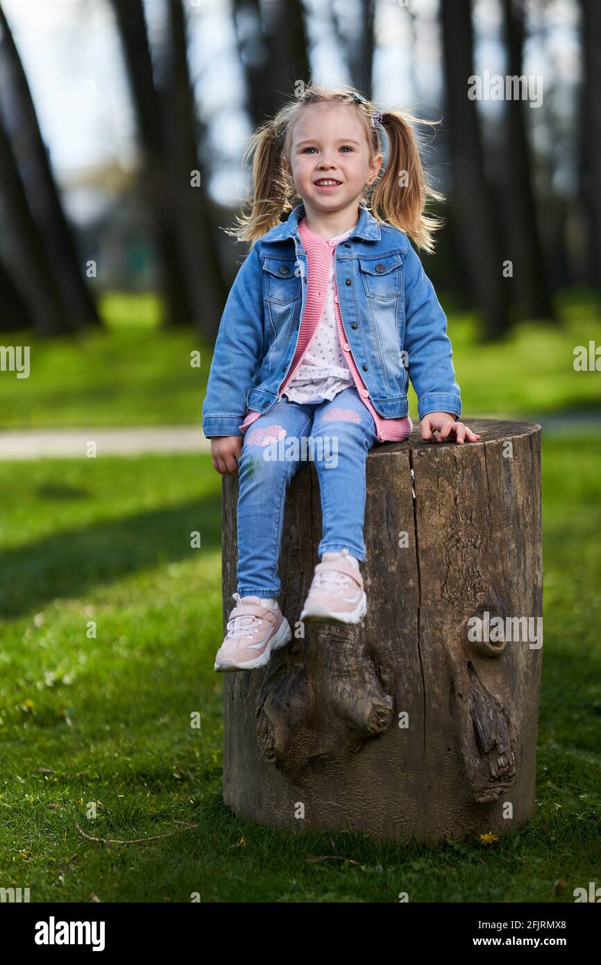 Adorable little girl sitting on a big stump in the park Stock Photo - Alamy