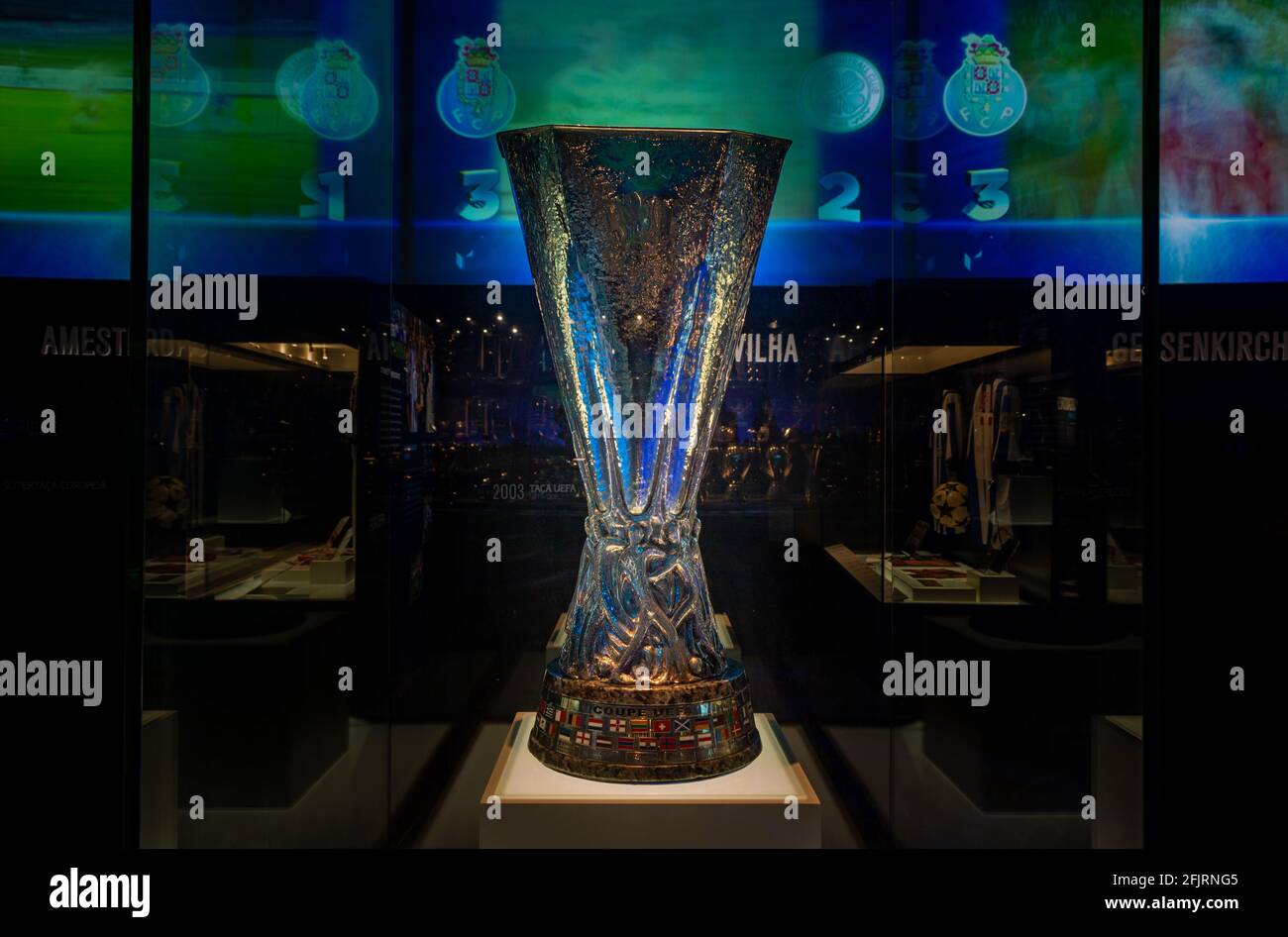 A picture of the old UEFA Cup trophy taken inside the FC Porto Museum. Stock Photo