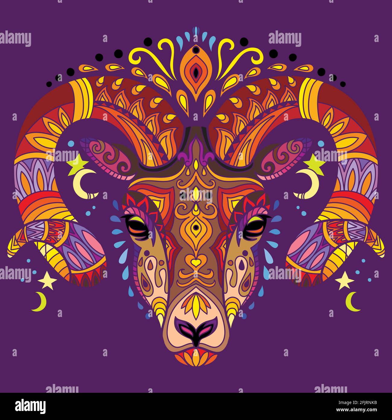 Head of ram with doodle and zentangle elements. Abstract vector colorful illustration isolated on purple background. For design, print, decor, tattoo, Stock Vector