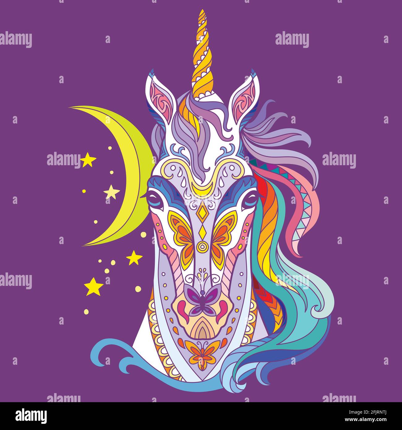 Head of unicorn with doodle and zentangle elements. Abstract vector colorful illustration isolated on purple background. For design, print, decor,tatt Stock Vector