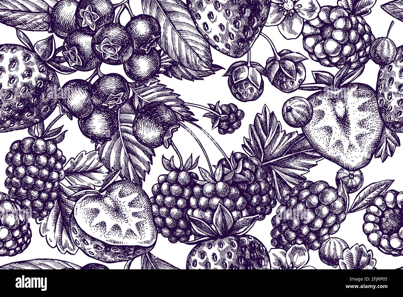 Artistic seamless pattern with strawberry, blueberry, red currant, raspberry, blackberry Stock Vector