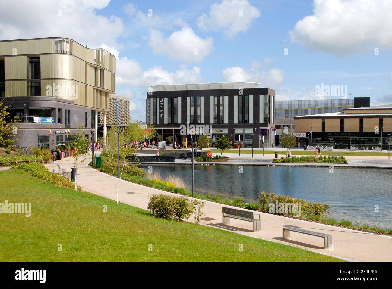 Modern buildings on the edge of Telford Town Park, Shropshire, England